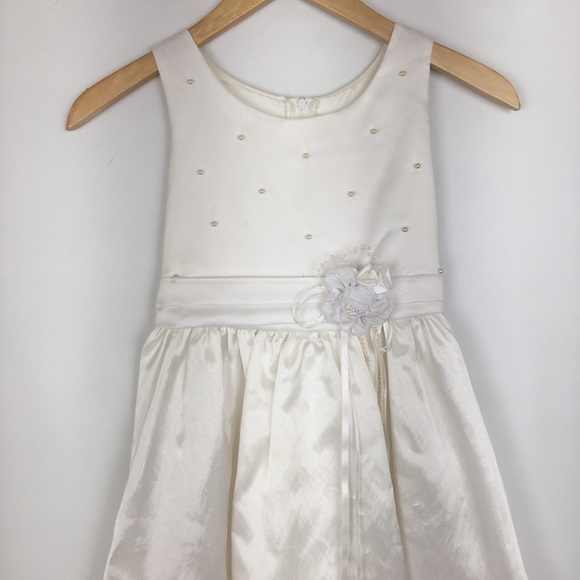 First Communion Dress White Sheer Satin Overlay Tank Pearl Flower Appliqué Sz 10 - Picture 2 of 16